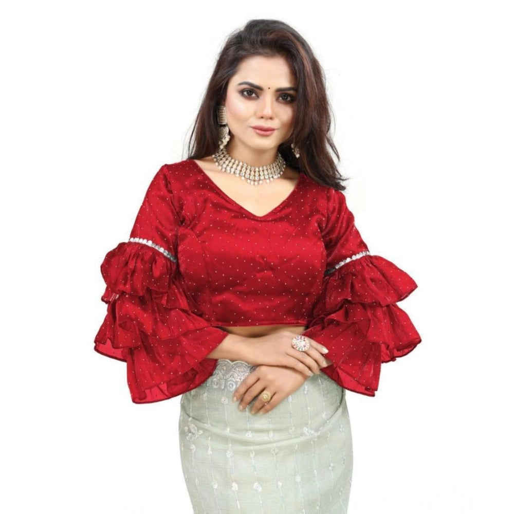 Seduva Women's Organza Solid V Neck Layered Ruffle Sleeve Readymade Blouse (Red Free Size , up to 38–40 Bust)-PID65858