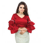 Seduva Women's Organza Solid V Neck Layered Ruffle Sleeve Readymade Blouse (Red Free Size , up to 38–40 Bust)-PID65858