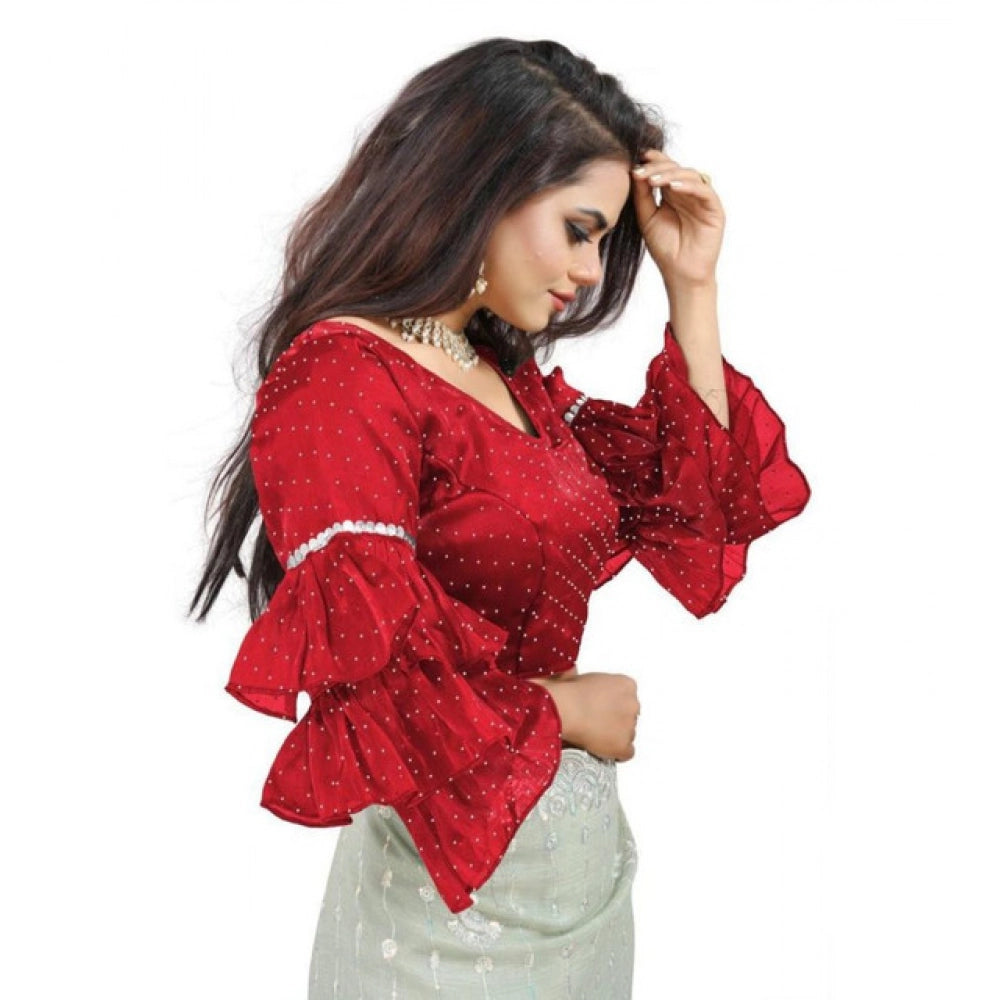 Seduva Women's Organza Solid V Neck Layered Ruffle Sleeve Readymade Blouse (Red Free Size , up to 38–40 Bust)-PID65858
