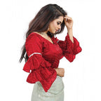 Seduva Women's Organza Solid V Neck Layered Ruffle Sleeve Readymade Blouse (Red Free Size , up to 38–40 Bust)-PID65858