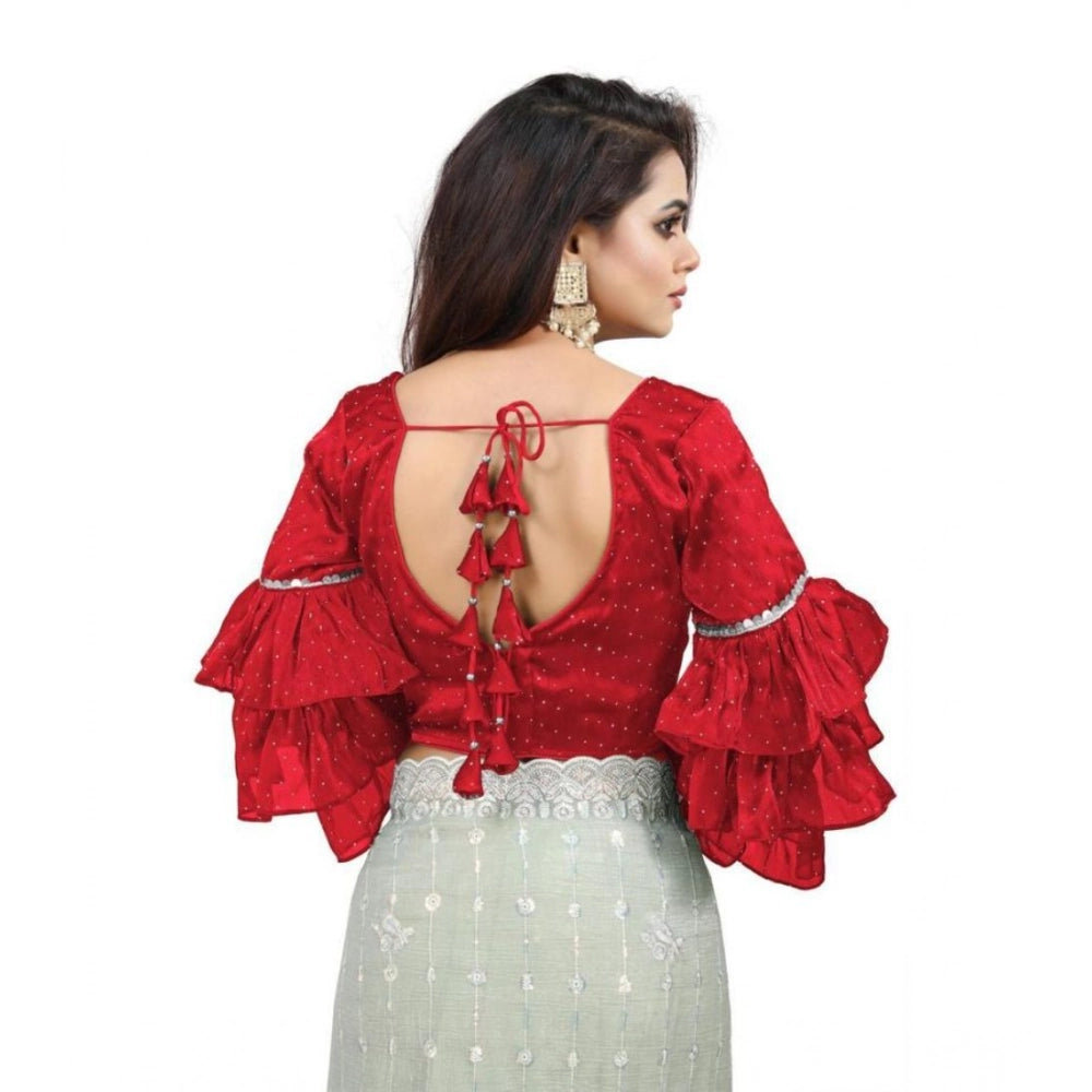 Seduva Women's Organza Solid V Neck Layered Ruffle Sleeve Readymade Blouse (Red Free Size , up to 38–40 Bust)-PID65858