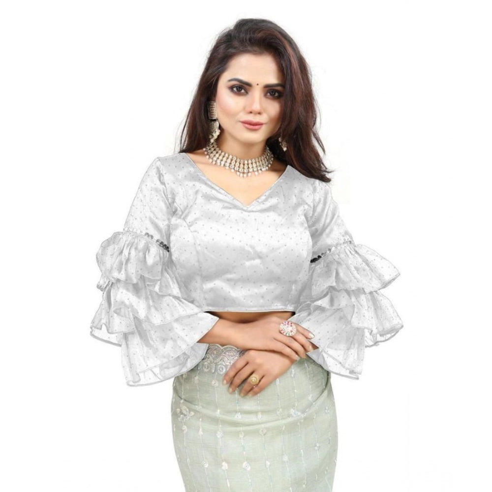 Seduva Women's Organza Solid V Neck Layered Ruffle Sleeve Readymade Blouse (White Free Size , up to 38–40 Bust)-PID65859