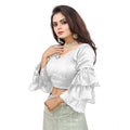 Seduva Women's Organza Solid V Neck Layered Ruffle Sleeve Readymade Blouse (White Free Size , up to 38–40 Bust)-PID65859