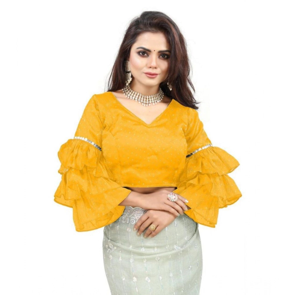 Seduva Women's Organza Solid V Neck Layered Ruffle Sleeve Readymade Blouse (Yellow Free Size , up to 38–40 Bust)-PID65860