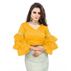 Seduva Women's Organza Solid V Neck Layered Ruffle Sleeve Readymade Blouse (Yellow Free Size , up to 38–40 Bust)-PID65860