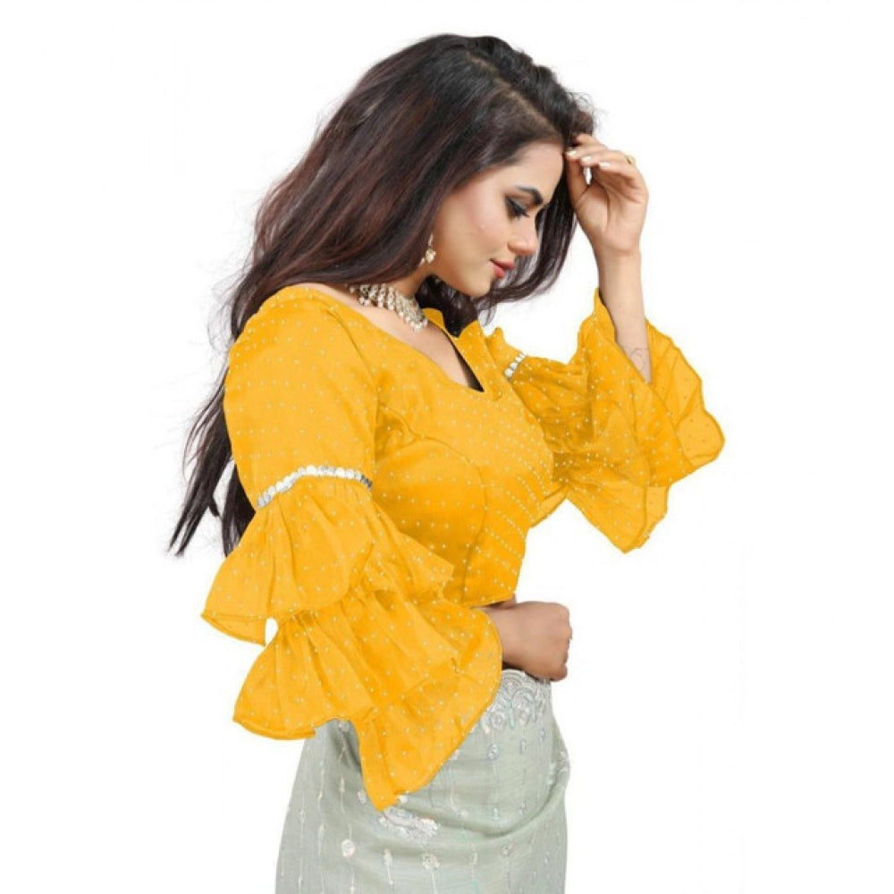 Seduva Women's Organza Solid V Neck Layered Ruffle Sleeve Readymade Blouse (Yellow Free Size , up to 38–40 Bust)-PID65860