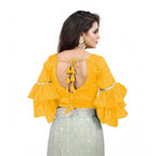 Seduva Women's Organza Solid V Neck Layered Ruffle Sleeve Readymade Blouse (Yellow Free Size , up to 38–40 Bust)-PID65860