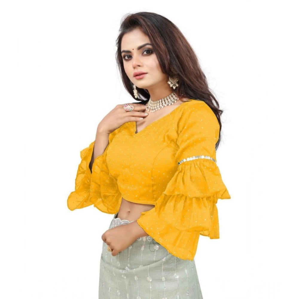 Seduva Women's Organza Solid V Neck Layered Ruffle Sleeve Readymade Blouse (Yellow Free Size , up to 38–40 Bust)-PID65860