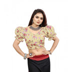 Seduva Women's Organza Printed V Neck Puff Sleeve Readymade Blouse (Beige 38 , Alterable up to 42)-PID65861