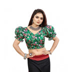 Seduva Women's Organza Printed V Neck Puff Sleeve Readymade Blouse (Green 38 , Alterable up to 42)-PID65863