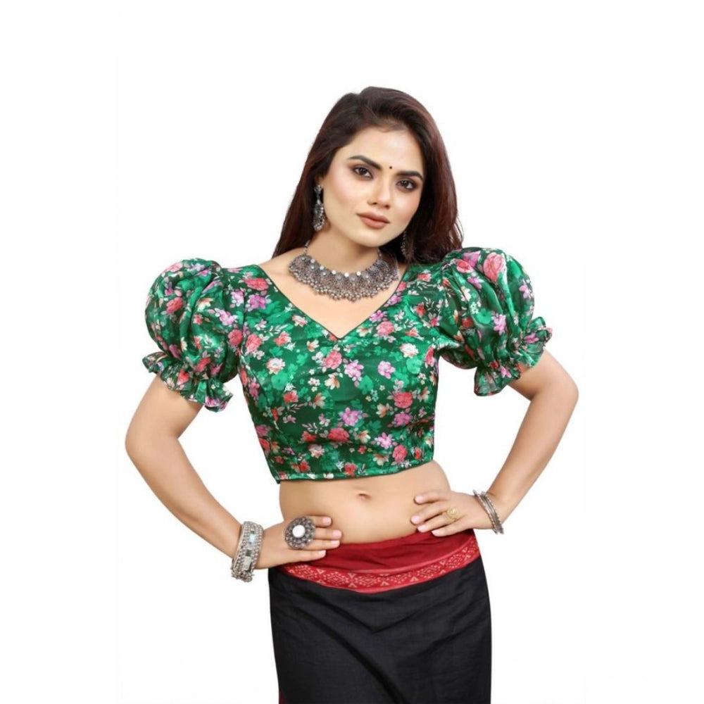 Seduva Women's Organza Printed V Neck Puff Sleeve Readymade Blouse (Green 38 , Alterable up to 42)-PID65863
