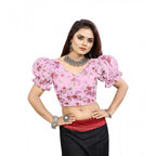 Seduva Women's Organza Printed V Neck Puff Sleeve Readymade Blouse (Light_Pink 38 , Alterable up to 42)-PID65864