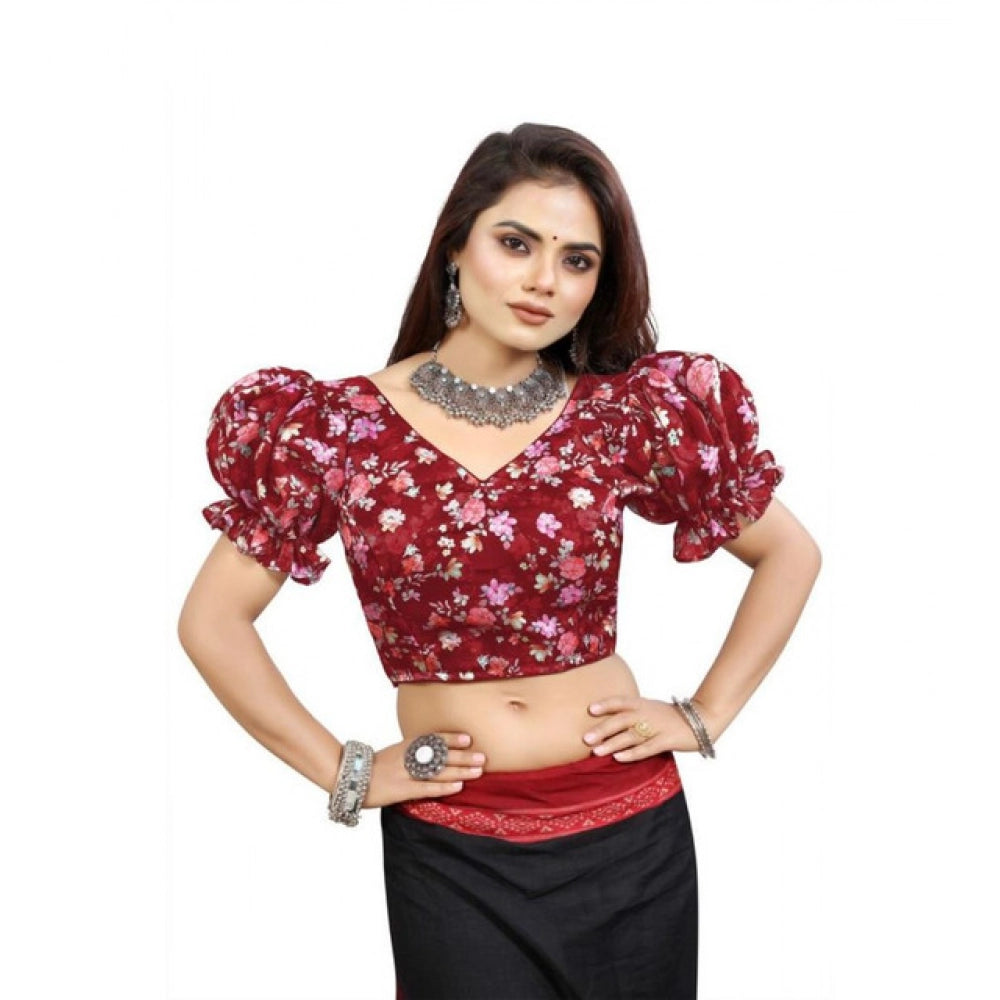 Seduva Women's Organza Printed V Neck Puff Sleeve Readymade Blouse (Maroon 38 , Alterable up to 42)-PID65866