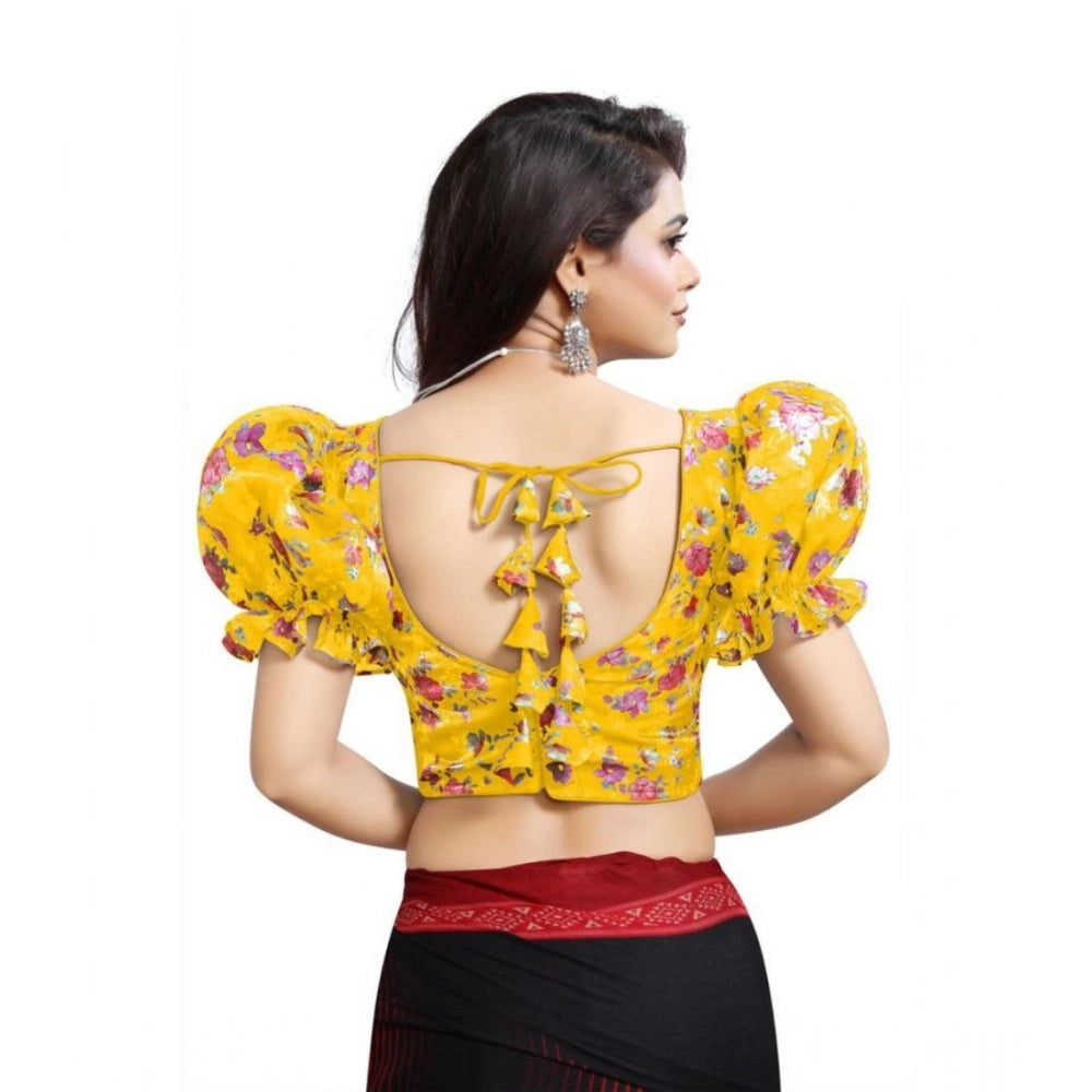 Seduva Women's Organza Printed V Neck Puff Sleeve Readymade Blouse (Mustard 38 , Alterable up to 42)-PID65867