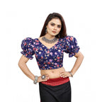 Seduva Women's Organza Printed V Neck Puff Sleeve Readymade Blouse (Navy 38 , Alterable up to 42)-PID65868