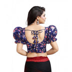 Seduva Women's Organza Printed V Neck Puff Sleeve Readymade Blouse (Navy 38 , Alterable up to 42)-PID65868