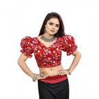Seduva Women's Organza Printed V Neck Puff Sleeve Readymade Blouse (Red 38 , Alterable up to 42)-PID65871