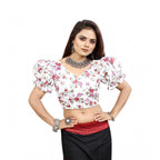 Seduva Women's Organza Printed V Neck Puff Sleeve Readymade Blouse (White 38 , Alterable up to 42)-PID65872