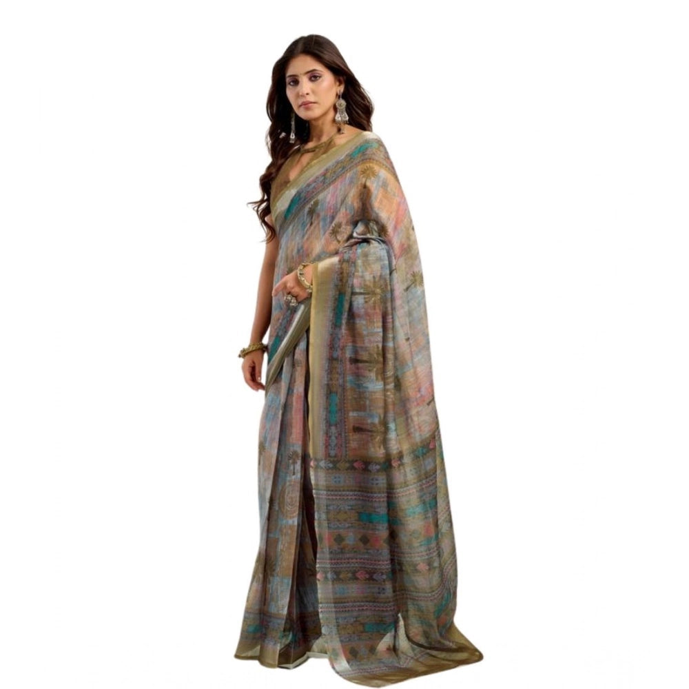 Seduva Women's Faux Linen Printed Ready to wear Saree With Unstitched Blouse 5.5Mtr (Multicolor)