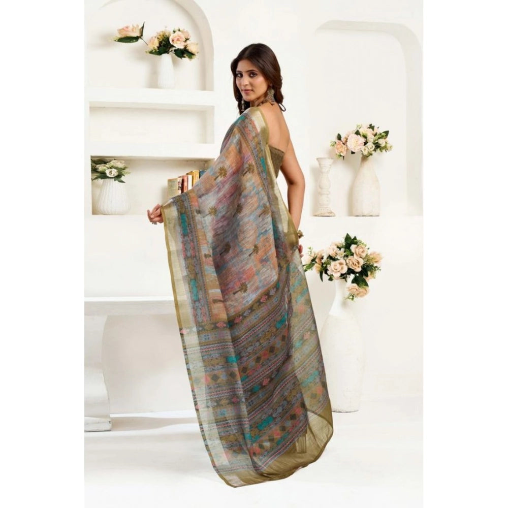Seduva Women's Faux Linen Printed Ready to wear Saree With Unstitched Blouse 5.5Mtr (Multicolor)