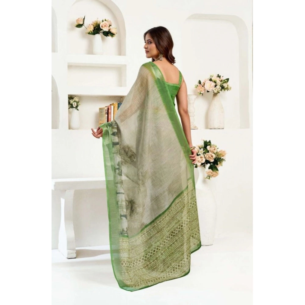 Seduva Women's Faux Linen Printed Ready to wear Saree With Unstitched Blouse 5.5Mtr (Light_Green)