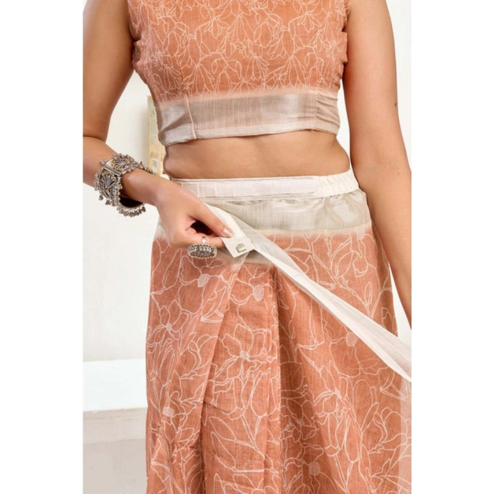 Seduva Women's Faux Linen Floral Print Ready to wear Saree With Unstitched Blouse 5.5Mtr (Peach)