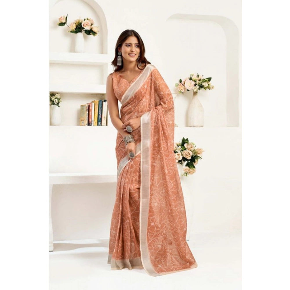 Seduva Women's Faux Linen Floral Print Ready to wear Saree With Unstitched Blouse 5.5Mtr (Peach)