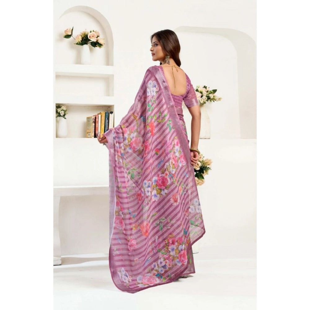 Seduva Women's Faux Linen Floral Print Ready to wear Saree With Unstitched Blouse 5.5Mtr (Pink)