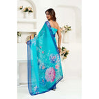 Seduva Women's Faux Linen Floral Print Ready to wear Saree With Unstitched Blouse 5.5Mtr (Light_AquaBlue)