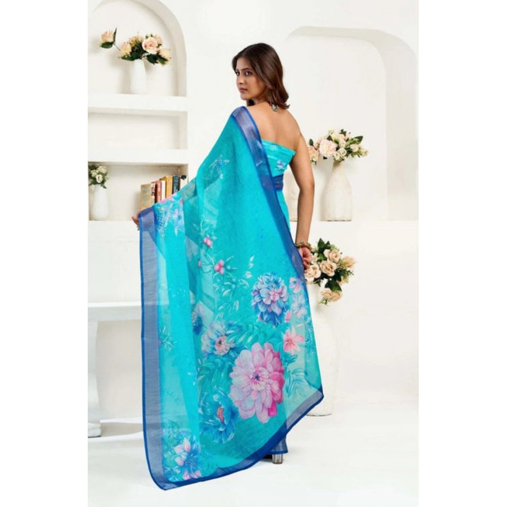 Seduva Women's Faux Linen Floral Print Ready to wear Saree With Unstitched Blouse 5.5Mtr (Light_AquaBlue)