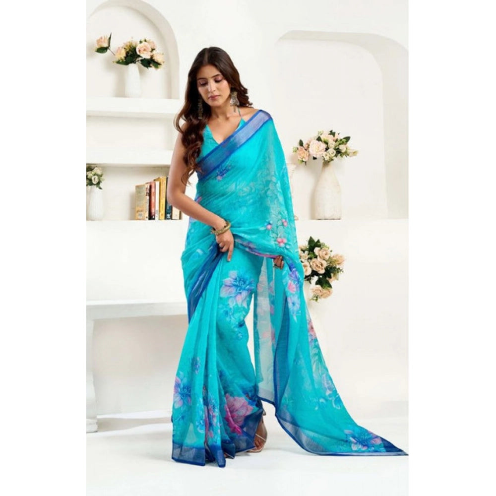 Seduva Women's Faux Linen Floral Print Ready to wear Saree With Unstitched Blouse 5.5Mtr (Light_AquaBlue)