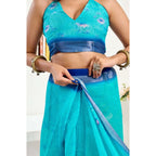 Seduva Women's Faux Linen Floral Print Ready to wear Saree With Unstitched Blouse 5.5Mtr (Light_AquaBlue)