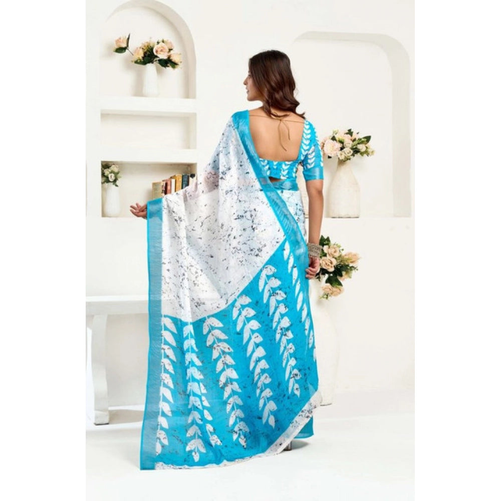Seduva Women's Faux Linen Leaf Print Ready to wear Saree With Unstitched Blouse 5.5Mtr (SkyBlue &amp; White)