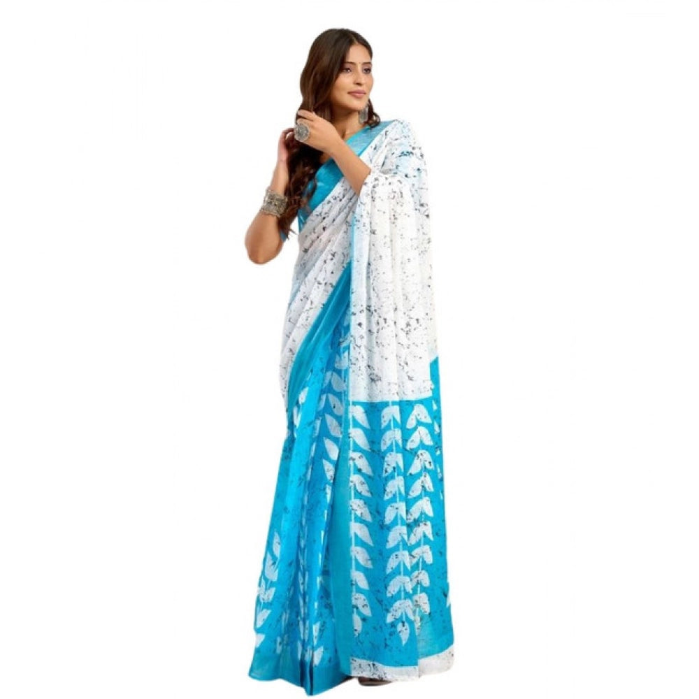 Seduva Women's Faux Linen Leaf Print Ready to wear Saree With Unstitched Blouse 5.5Mtr (SkyBlue &amp; White)