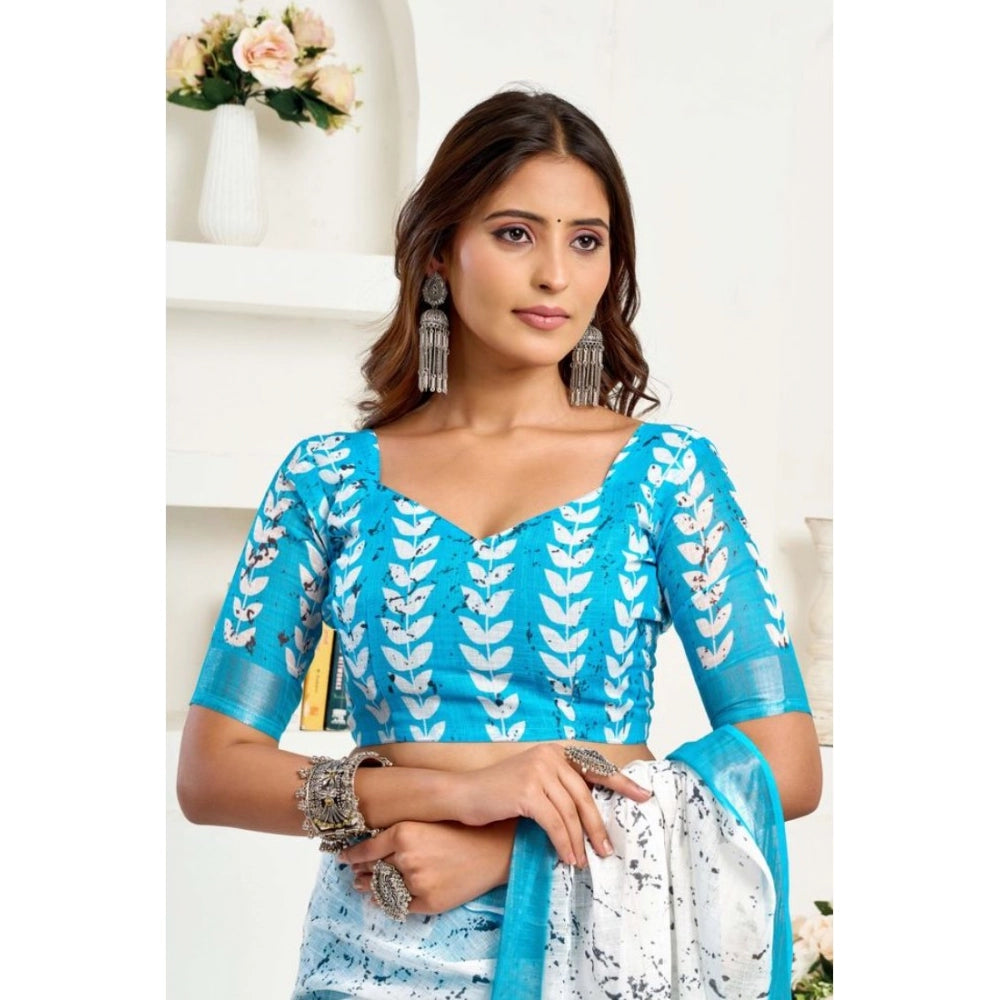 Seduva Women's Faux Linen Leaf Print Ready to wear Saree With Unstitched Blouse 5.5Mtr (SkyBlue &amp; White)