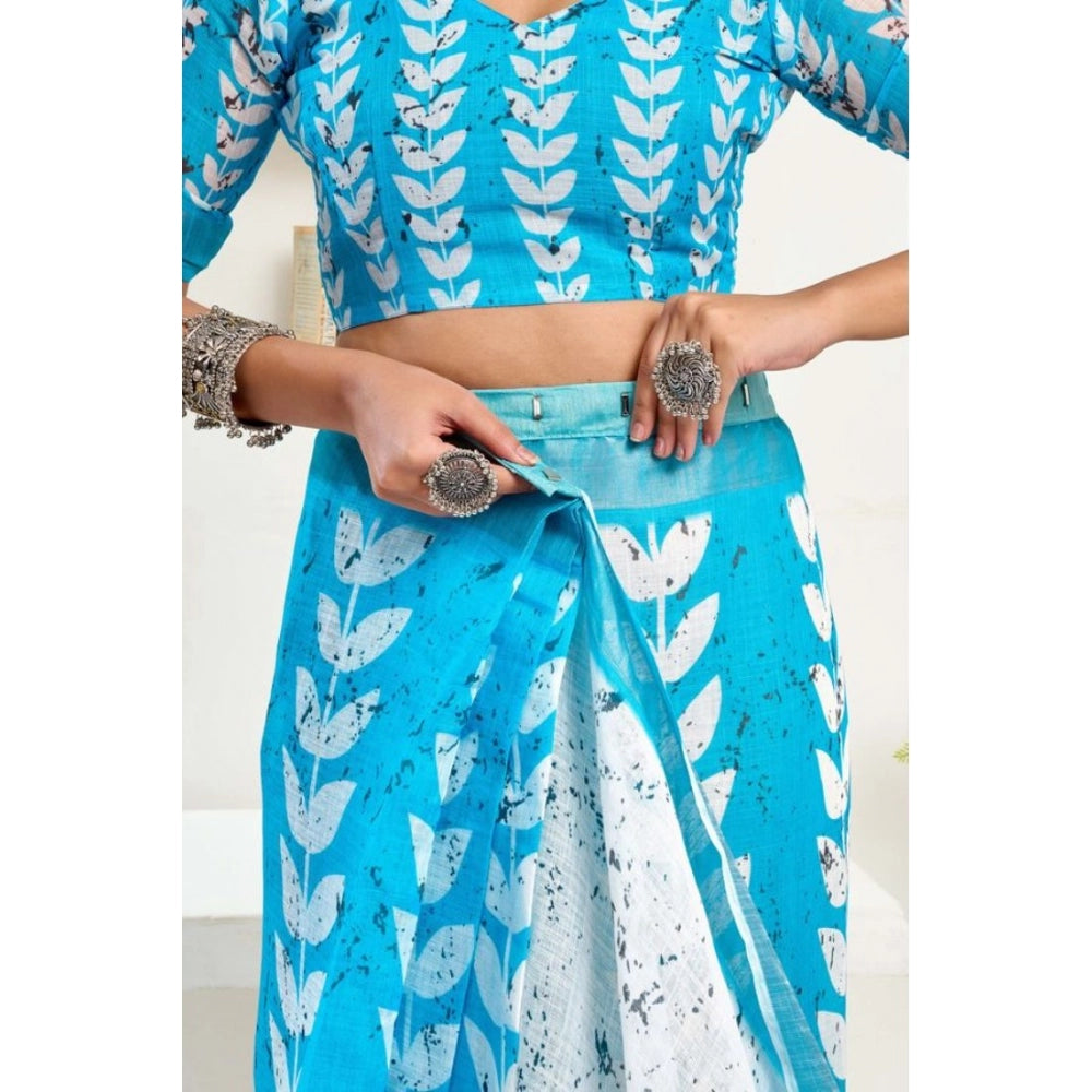 Seduva Women's Faux Linen Leaf Print Ready to wear Saree With Unstitched Blouse 5.5Mtr (SkyBlue &amp; White)