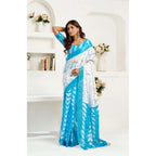 Seduva Women's Faux Linen Leaf Print Ready to wear Saree With Unstitched Blouse 5.5Mtr (SkyBlue &amp; White)