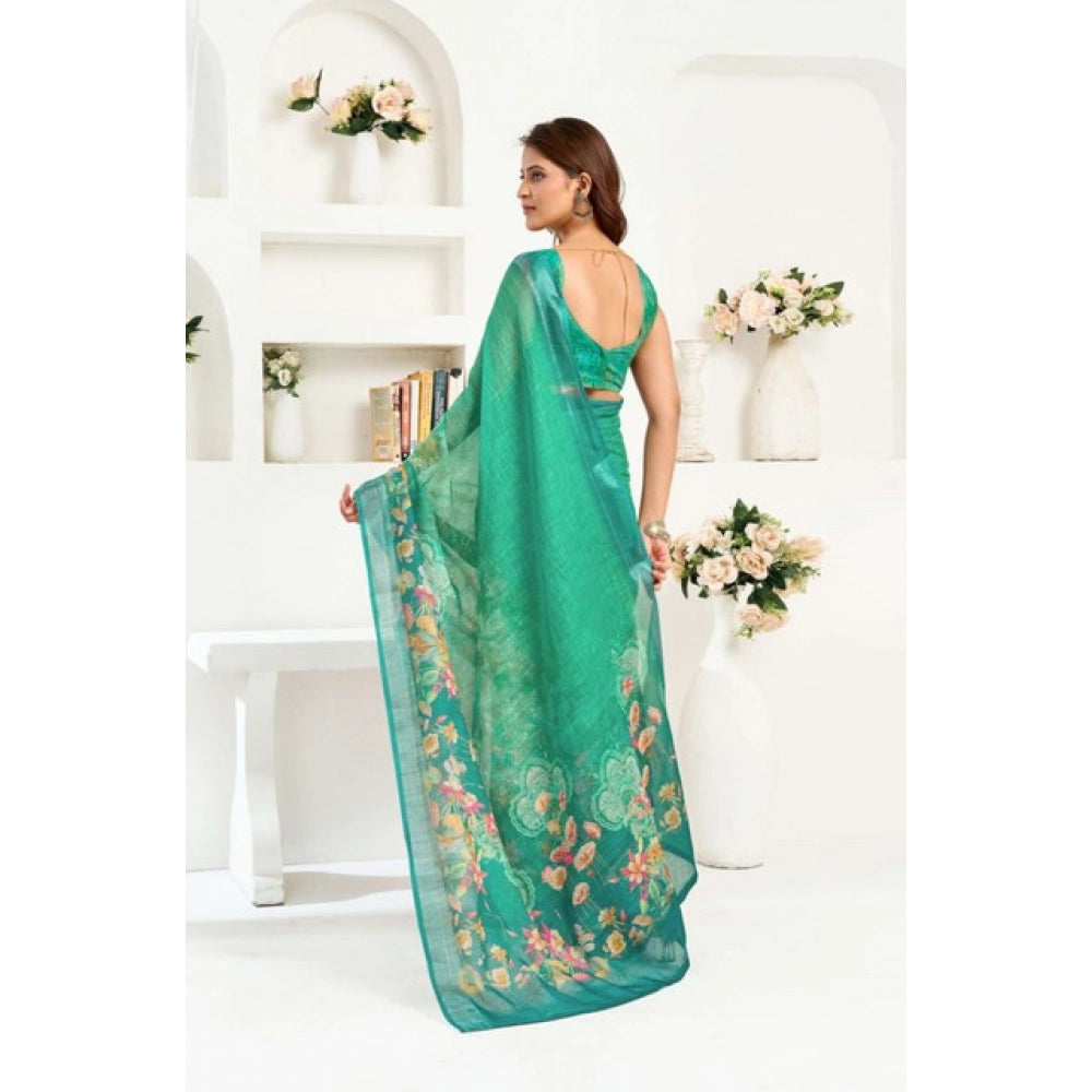 Seduva Women's Faux Linen Floral Ready to wear Saree With Unstitched Blouse 5.5Mtr (Green)