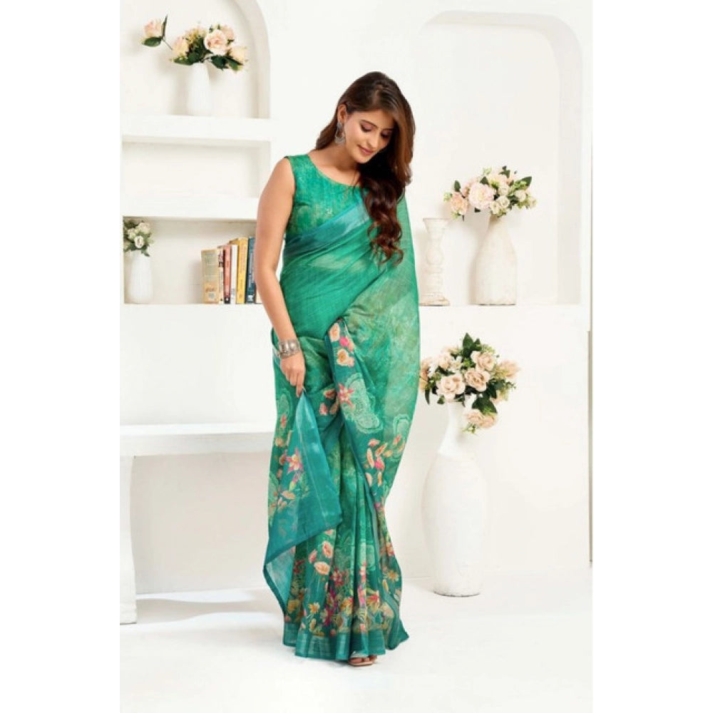 Seduva Women's Faux Linen Floral Ready to wear Saree With Unstitched Blouse 5.5Mtr (Green)