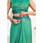 Seduva Women's Faux Linen Floral Ready to wear Saree With Unstitched Blouse 5.5Mtr (Green)