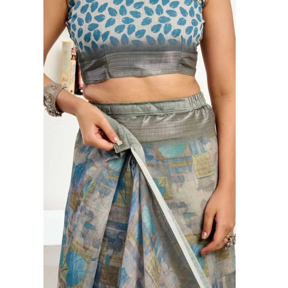 Seduva Women's Faux Linen Abstract Print Ready to wear Saree With Unstitched Blouse 5.5Mtr (Grey)