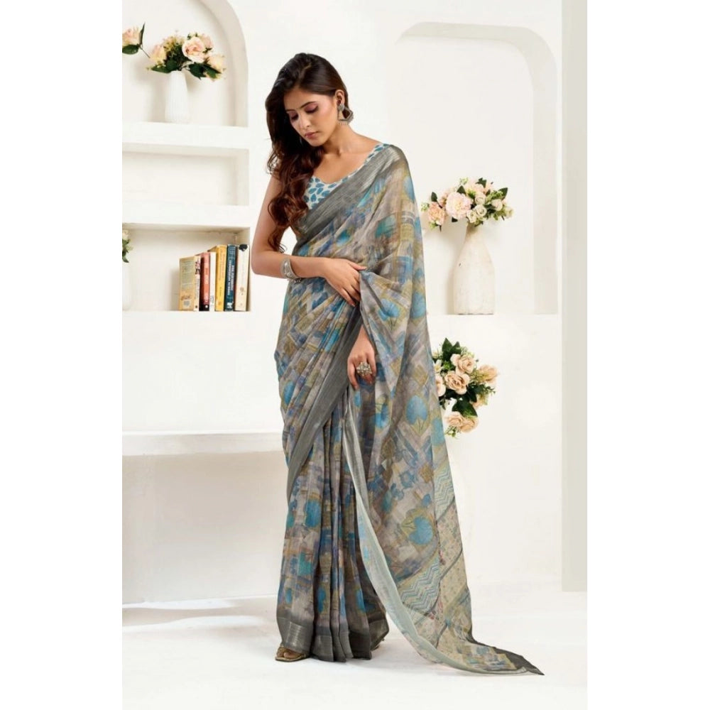 Seduva Women's Faux Linen Abstract Print Ready to wear Saree With Unstitched Blouse 5.5Mtr (Grey)