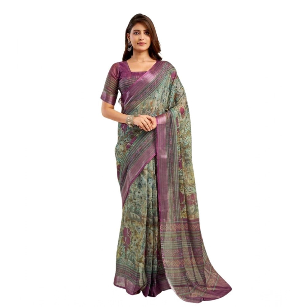 Seduva Women's Faux Linen Printed Ready to wear Saree With Unstitched Blouse 5.5Mtr (Multicolor)