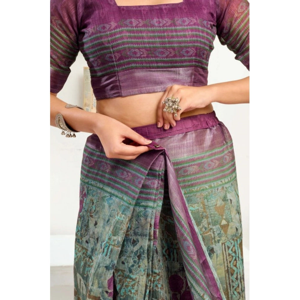 Seduva Women's Faux Linen Printed Ready to wear Saree With Unstitched Blouse 5.5Mtr (Multicolor)