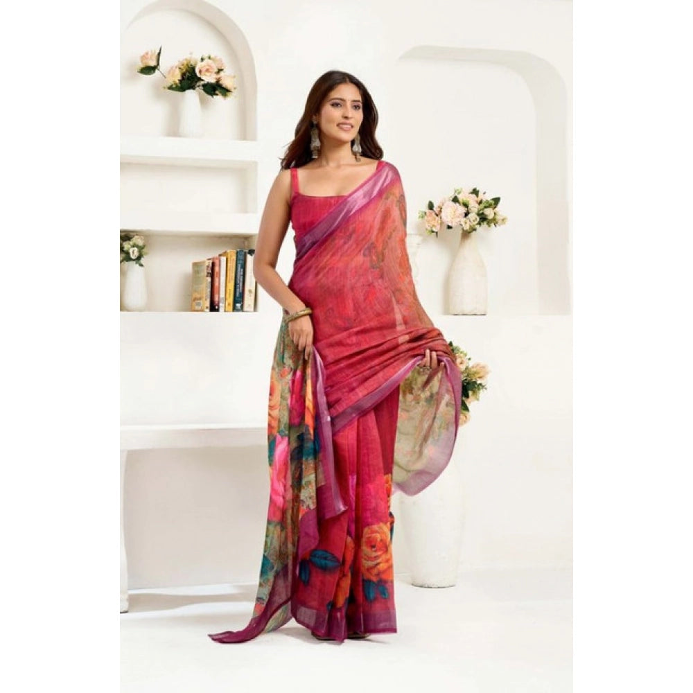 Seduva Women's Faux Linen Floral Print Ready to wear Saree With Unstitched Blouse 5.5Mtr (Pink)