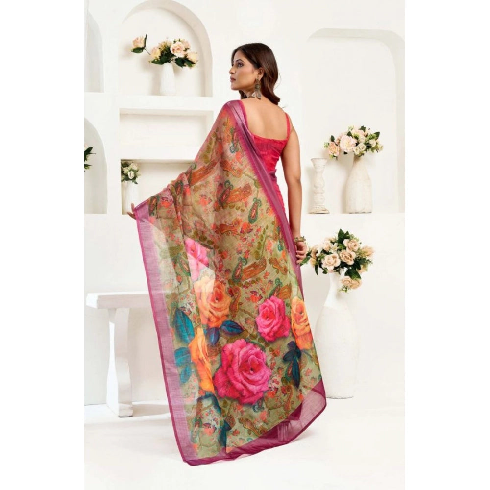 Seduva Women's Faux Linen Floral Print Ready to wear Saree With Unstitched Blouse 5.5Mtr (Pink)