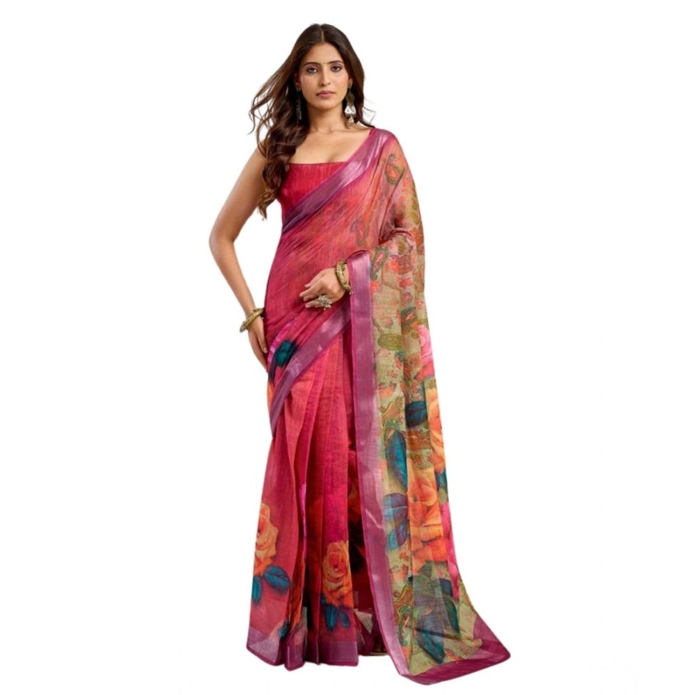 Seduva Women's Faux Linen Floral Print Ready to wear Saree With Unstitched Blouse 5.5Mtr (Pink)