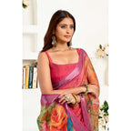 Seduva Women's Faux Linen Floral Print Ready to wear Saree With Unstitched Blouse 5.5Mtr (Pink)