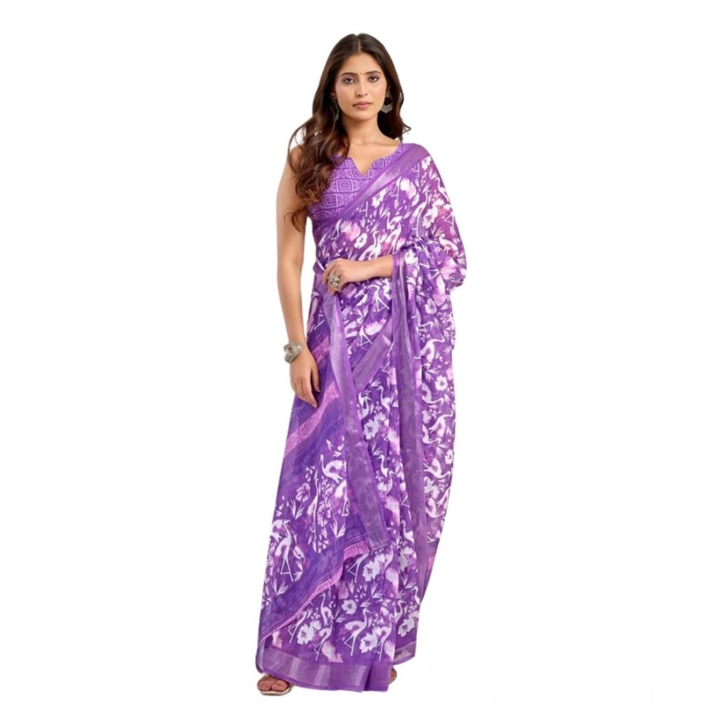 Seduva Women's Faux Linen Floral Print Ready to wear Saree With Unstitched Blouse 5.5Mtr (Purple)