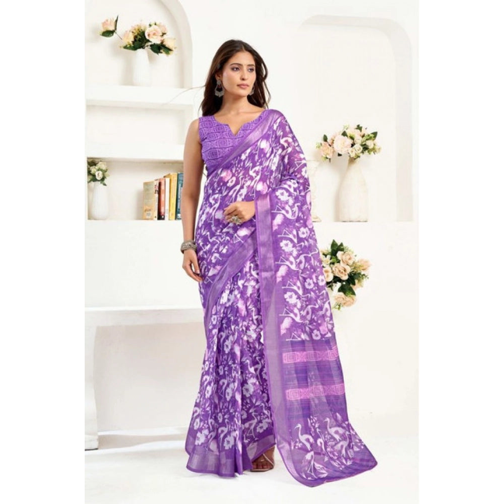 Seduva Women's Faux Linen Floral Print Ready to wear Saree With Unstitched Blouse 5.5Mtr (Purple)